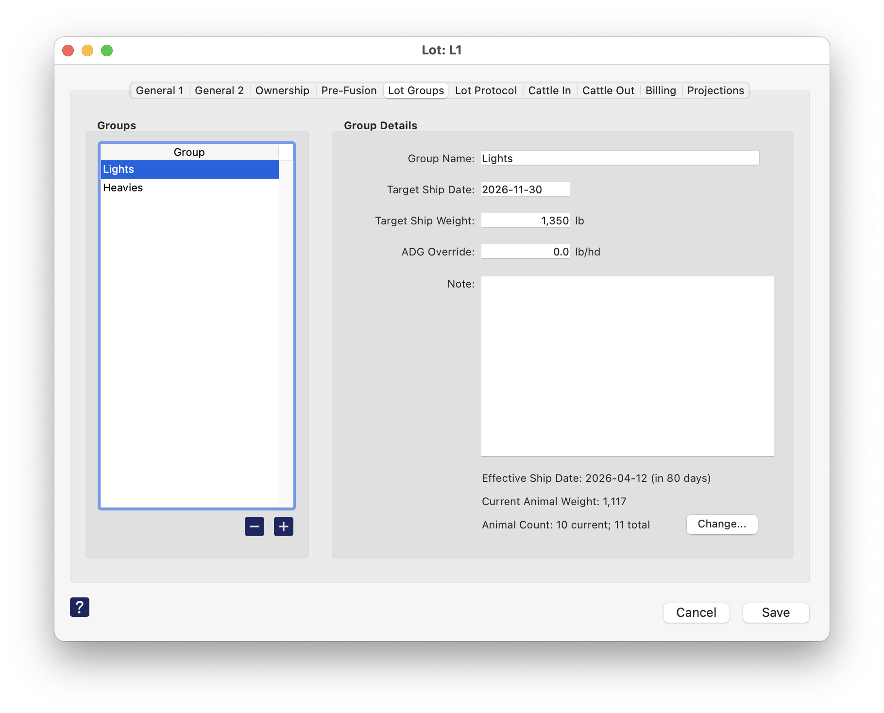 Lot Groups tab in the Fusion Lot Edit window
