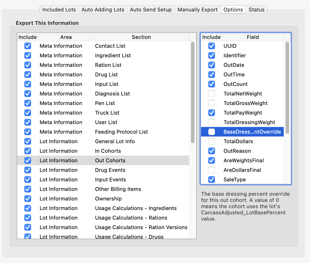 Field-level choices in the Fusion Lot Info Export Options tab