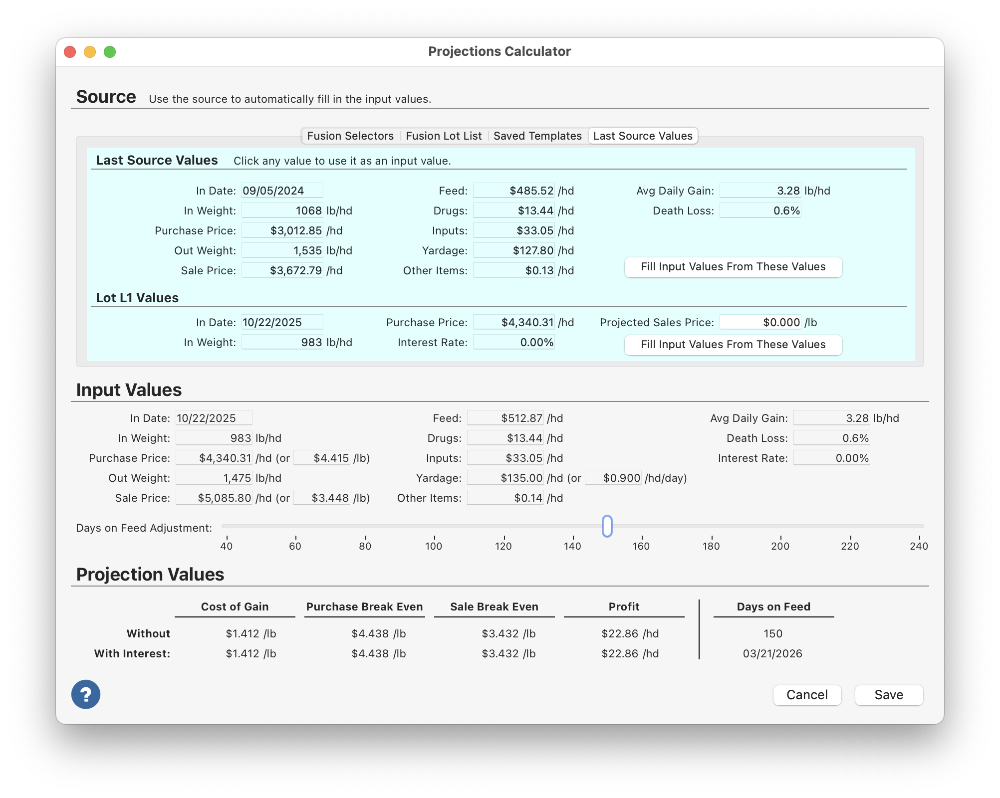 Fusion Projections Calculator with the Days on Feed Adjustment slider